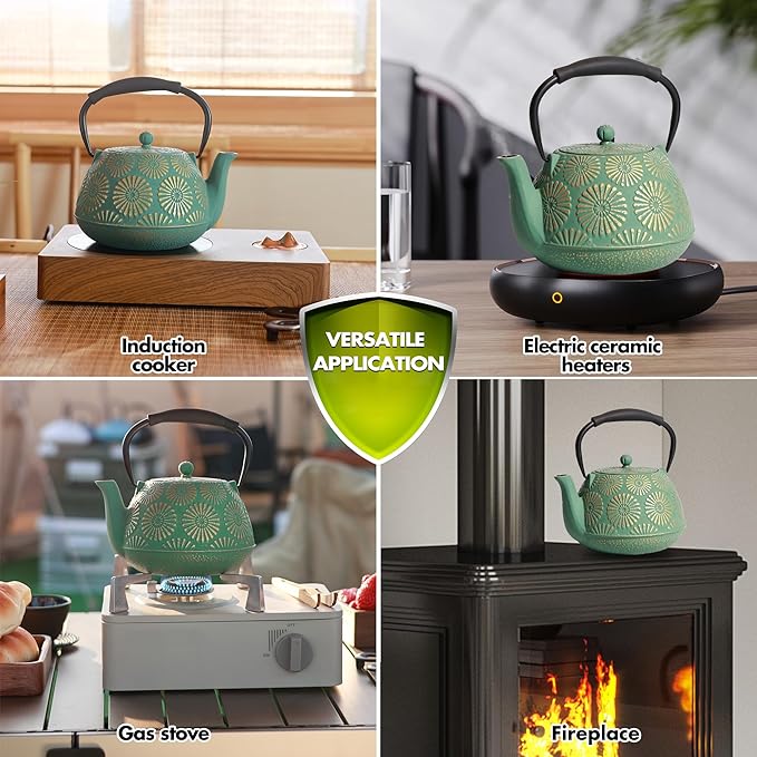 Cast Iron Teapot, 40oz Tea Kettle with Infuser for Stove Top, Sakura Design Japanese Tea Pot for Loose Leaf Coated with Enameled Interior, Silicone Handle 1200ml Green