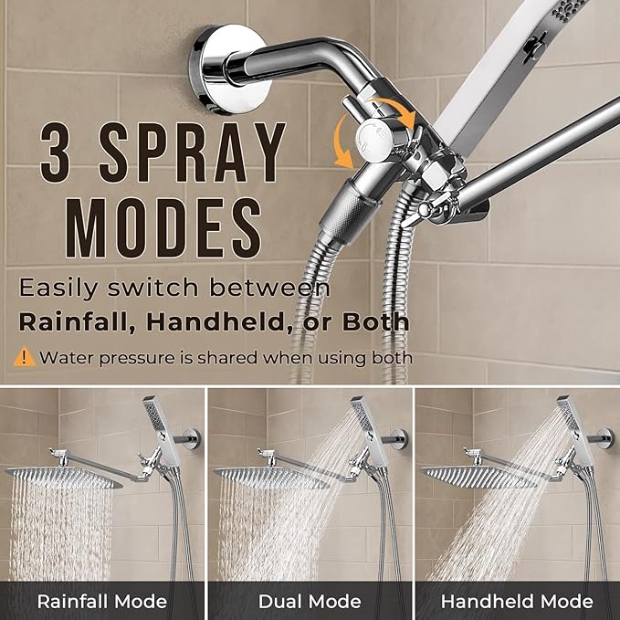 G-Promise All Metal 12 Inch Dual Square Shower Head with Handheld Spray Combo, Rain Shower Head, Adjustable Extension Arm, 3-Way Diverter, 71 Inch Extra Long Hose - A Bathroom Upgrade (Chrome)