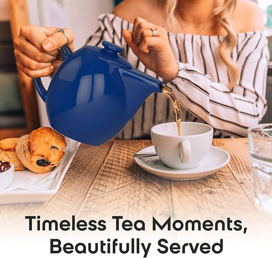 OmniWare 24 Ounce Teapot with Removable Stainless Steel Infuser (Simply Blue) - Loose Leaf Tea Brewer, Microwave & Dishwasher Safe, Retro-Inspired Stoneware for Kitchen & Dining