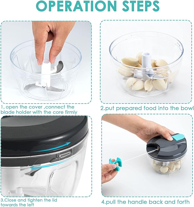 Multi-Function Manual Food Processors & Chopper with Cover and Handle, Garlic Press Vegetable Chopper Shredder,Suitable for Onions Garlic Carrots Gingers Peppers Fruits,Ideal Gift for Kitchen(Blue)