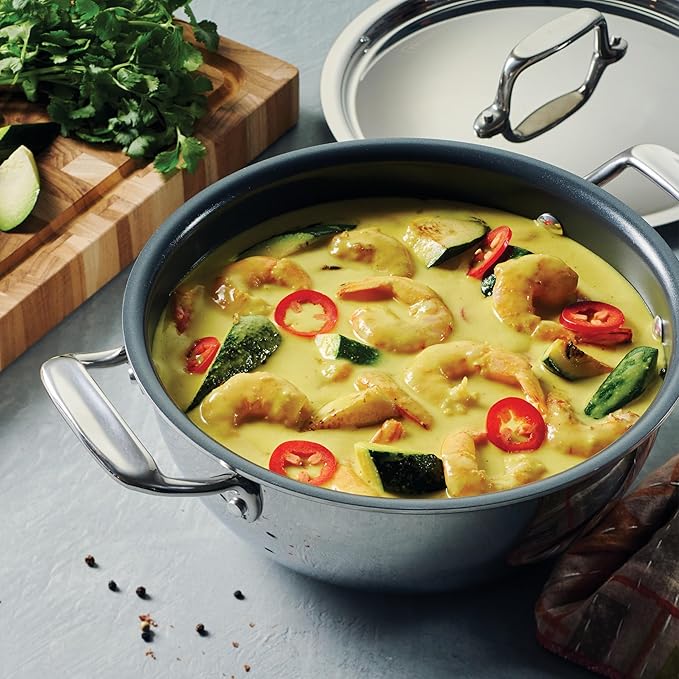 Tramontina Utsava Tri-Ply Clad Stainless Steel 2.75-Quart Kadai with Lid and Ceramic Non Stick Interior, Induction-Ready Kadhai Pot for Indian Cooking