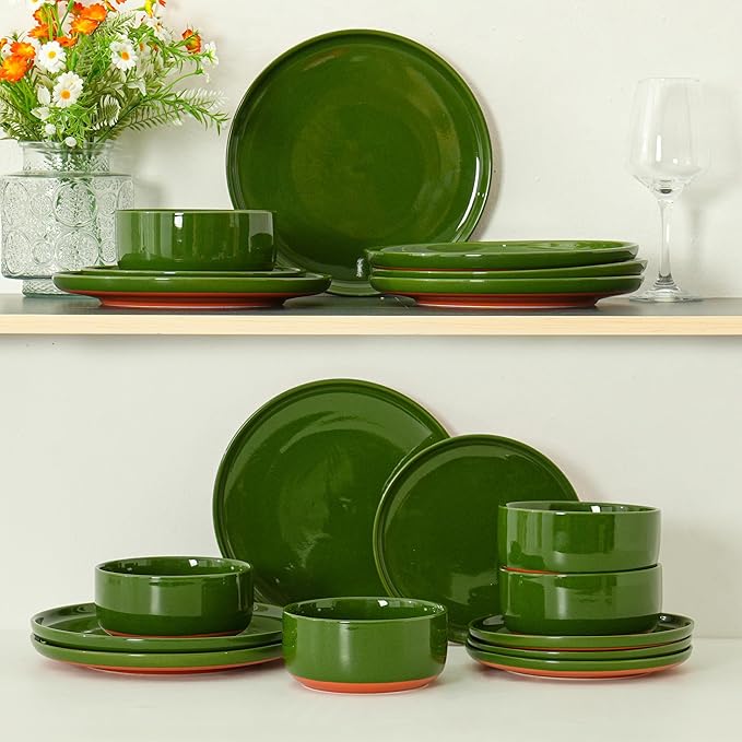 12 Piece Dinnerware Sets for 4, Dual Glaze Stoneware Plates and Bowls Set, Microwave and Dishwasher Safe, Forest Glaze Green