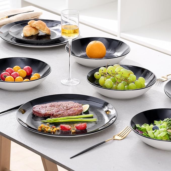Bestone Porcelain Dinnerware Sets Service for 4, 12 pcs Hand drawn Plates and Bowls Sets, Handmade Ceramic Dish Set, Chip Resistant Modern Plate Set, Dishwasher/Microwave Safe,Black