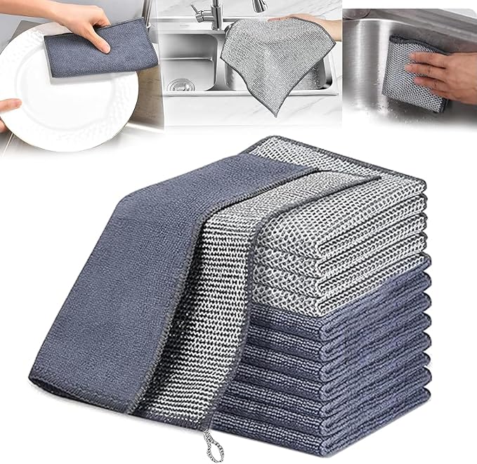12PCS Wire Dishwashing Rag Non-Scratch: Multipurpose Wire Dishcloth for Wet and Dry - New Upgrade Double-Layer Dish Cloth Metal Cleaning Cloths with Microfiber for Kitchen, Sinks, Dishes, Stove Tops