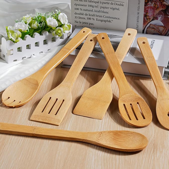 IOOLEEM Bamboo Wooden Spoons for Cooking 6 Pcs 12 Inch, Non-Stick Wooden Kitchen Utensils Set, Natural and Durable Wooden Spatula Spoons for Non-Stick Pan for Cooking