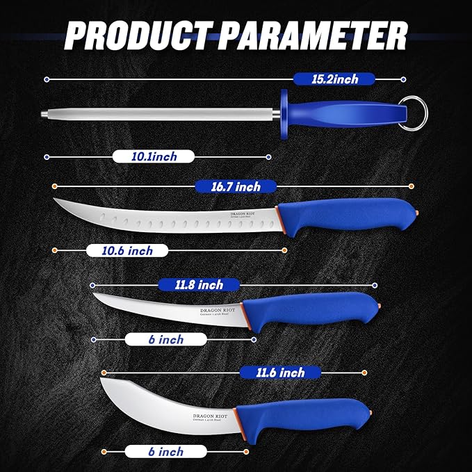 DRAGON RIOT 4 Piece Butcher Knife Set Brisket Trimming Set Include 6" Boning Knife, 6" Skinning Knife, 10" Butcher Breaking Knife and 10" Sharpening Steel