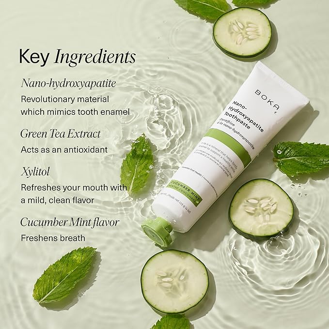 Boka Fluoride Free Toothpaste, Nano Hydroxyapatite Toothpaste, Appropriate for Sensitive Teeth - for Adult, Kids Oral Care - Cucumber Mint Flavor, 4 Fl Oz 1Pk US Manufactured