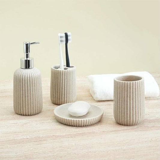 4-Piece Bathroom Accessory Set - Modern Resin & Sandstone Collection - Includes Soap Dispenser 8.5oz, Toothbrush Holder, Tumbler, Soap Dish (Beige)