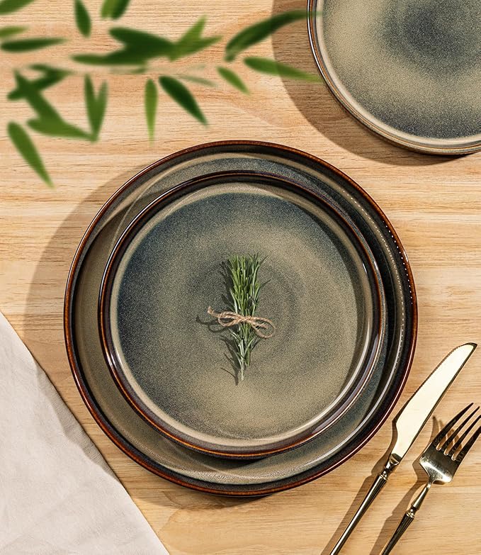 TheTerra Ceramic Dinnerware Sets for 4, 12 Pieces Porcelain Lightweight Speckled Plates and Bowls Sets, Scratch Resistant Dish Set, Oven & Microwave & Dishwasher Safe, Brown