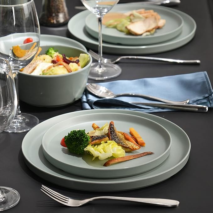 FINE&NICE 12Pcs Melamine Dinnerware Sets, Plates and Bowls Sets for 4, Unbreakable and Lightweight Dishes Set for Indoor and Outdoor Use, BPA Free, Dishwasher Safe (Sage Green)