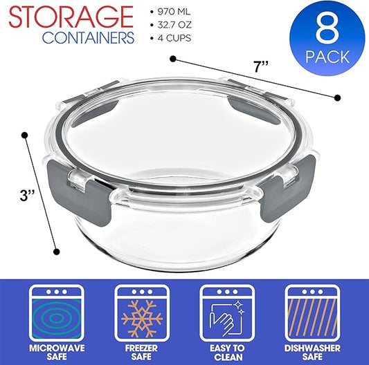 Sorbus 16pc Glass Meal Prep Containers Set β 8 Round 32oz Containers with Airtight Lids β Freezer, Dishwasher, Oven Safe β Reusable Food Storage Bowls, 4 Cup Capacity for Meal Prep and Storage Grey