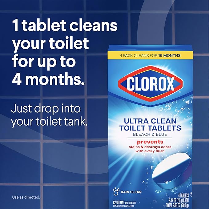 Clorox Ultra Clean Toilet Tablets Bleach & Blue, Rain Clean Scent 2.47 Ounces Each, 2 Count (Package May Vary)