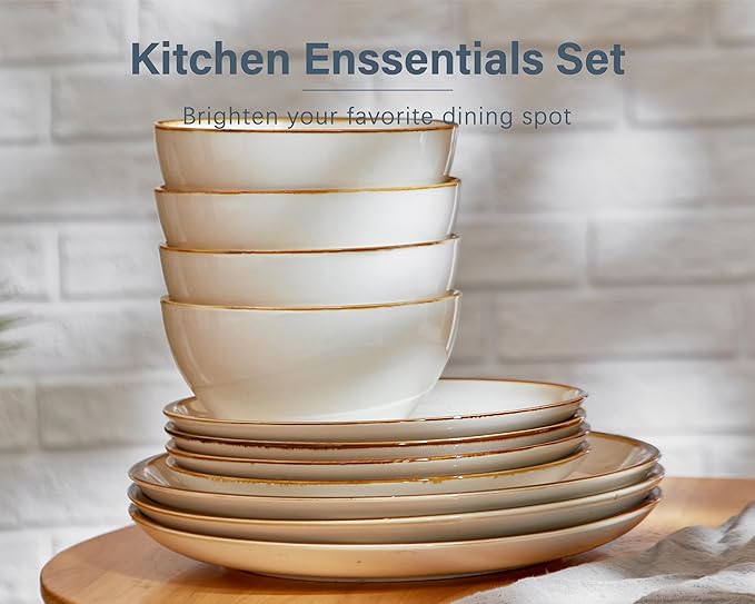 ONEMORE Plates and Bowls Set, Dinnerware Sets for 4, Porcelain Kitchen Dishes Set 12pcs, Scratch Resistant, Modern Aesthetic Dishware Sets- Microwave & Dishwasher Oven Safe,Farmhouse Style Cream White