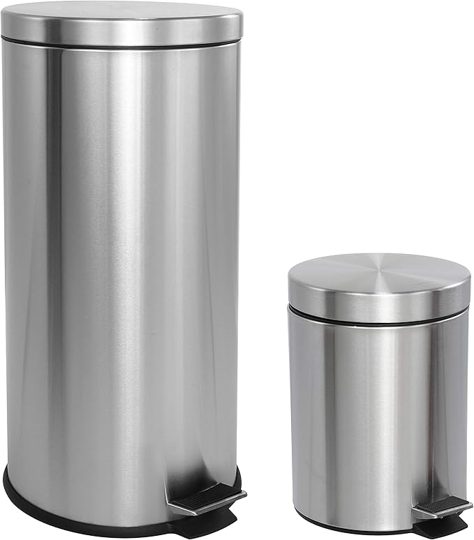 happimess HPM1000A Oscar 8-Gallon Step-Open Trash Can with Free Mini Trash Can, Modern, Fingerprint Proof for Home, Kitchen, Office, Large:7.9 Gallon Small:1.3 Gallon, Stainless Steel