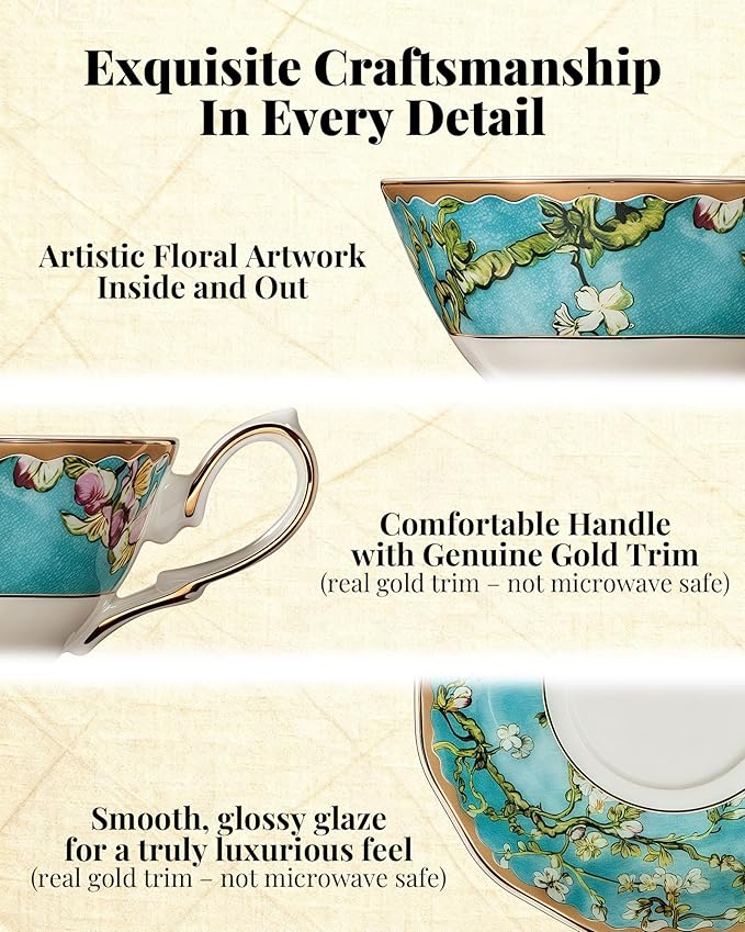Exquisite Bone China Tea Cups and Saucer Set – Elegant Porcelain Tea Cups, Beautifully Detailed for Tea Lovers, Gift-Ready for Christmas, Hostess, Holiday Gift & Fall Decor