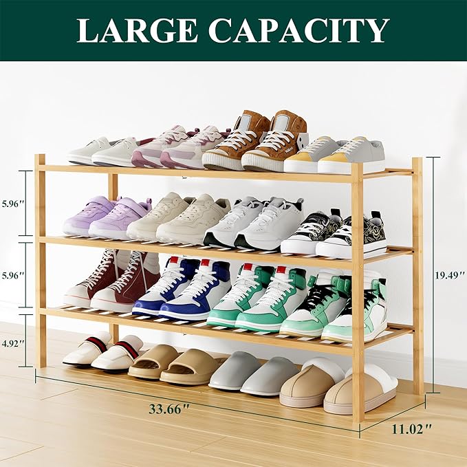 Smiry Shoe Rack, 3 Tier Long Bamboo Shoe Organizer, Stackable Free Standing Wooden Shoe Storage Shelf for Closet, Entryway, Front Door Entrance, Natural