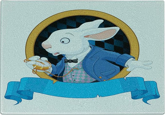 Ambesonne Alice in Wonderland Cutting Board, Rabbit Animal Bunny Character Alice Fantasy World Concept, Decorative Tempered Glass Cutting and Serving Board, Small Size, Earth Yellow White Blue