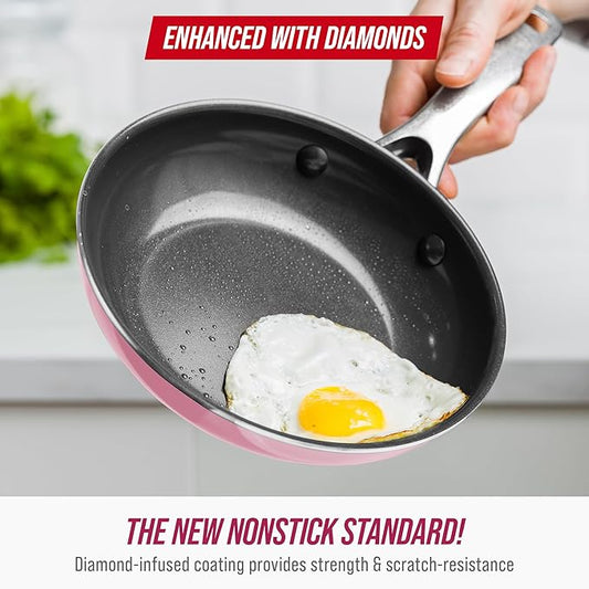 Blue Diamond Frying Pan 8” Skillet, Diamond Infused Healthy Ceramic Nonstick, PFAS and PFOA-Free, Dishwasher and Oven Safe, Even Heating, Metal Utensil Safe, Warp Control Base, Pink