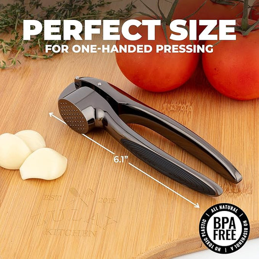 Zulay Kitchen Premium Garlic Press Set β Rust Proof & Dishwasher Safe Garlic Mincer Tool with Silicone Garlic Peeler & Brush, Easy Squeeze & Clean, Ergonomic Soft Grip Handle - Medium β Dark Gray