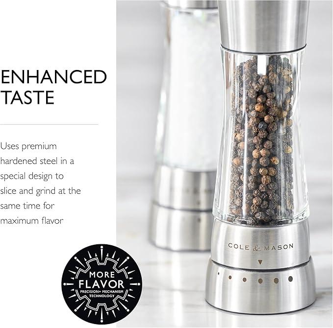 Cole & Mason Derwent Salt and Pepper Grinder Set - Refillable Salt & Pepper Grinder Set with Gourmet Precision Mechanisms - Kitchen Accessories for Cooking - Gift Set, Stainless Steel