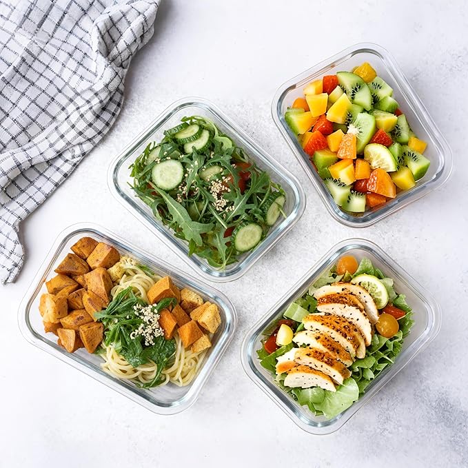 KAMOTA Glass Food Storage Containers, 10 Pack Glass Meal Prep Containers, Airtight Containers with Snap-Lock Lids, 22 oz White Container Set with Lids, for Microwave/Oven/Freezer/Dishwasher