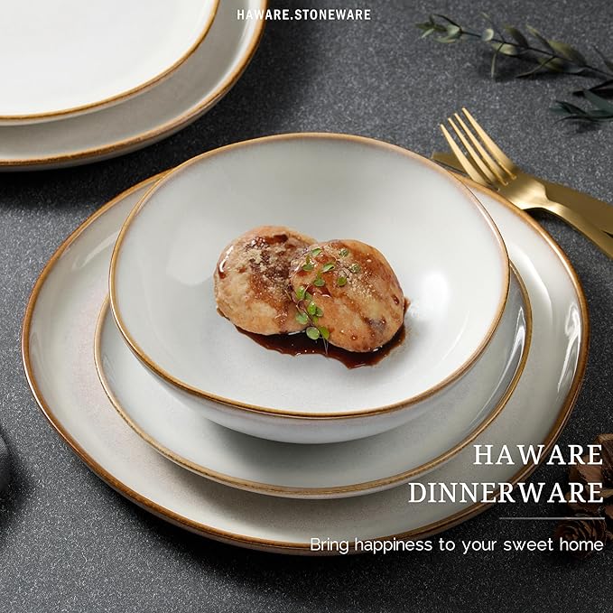 HaWare Plates and Bowls Set, Stoneware Dinnerware Sets, 18-Piece Hand-painted Dishware for 6, Scratch Resistant Ceramic Dinner Set for Home Kitchen, Microwave and Dishwasher Safe, Reactive Pearl White
