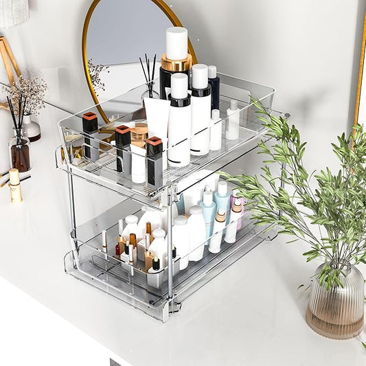 2 Tier Under Sink Organizer, 2 Pack Clear Bathroom Storage Vanity Counter Container, Cabinet Drawers Bins, Pull-Out Storage and Organization with Track for Pantry, Kitchen