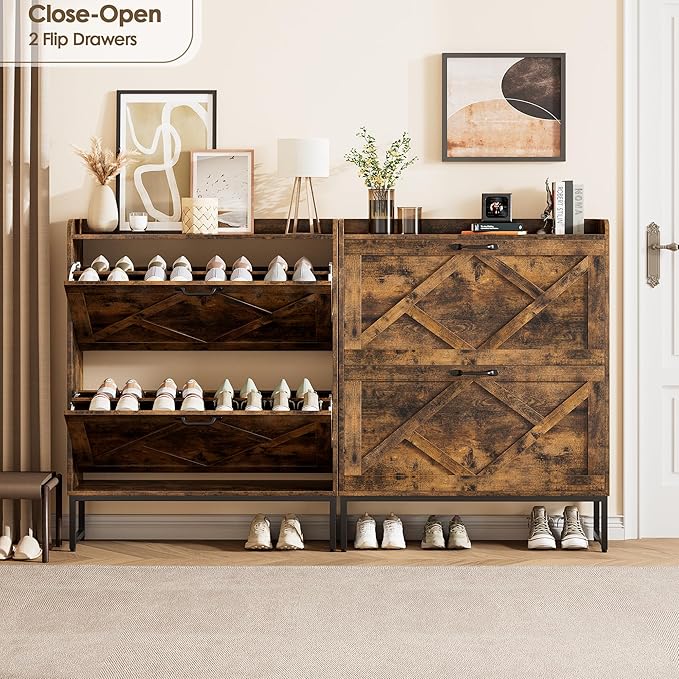 Nicetree Shoe Cabinet Organizer with 2 Flip Drawers, Freestanding Narrow Rack with Metal Legs, Farmhouse Slim Shoe Storage for Entryway, Foyer, Hallway, Rustic Brown