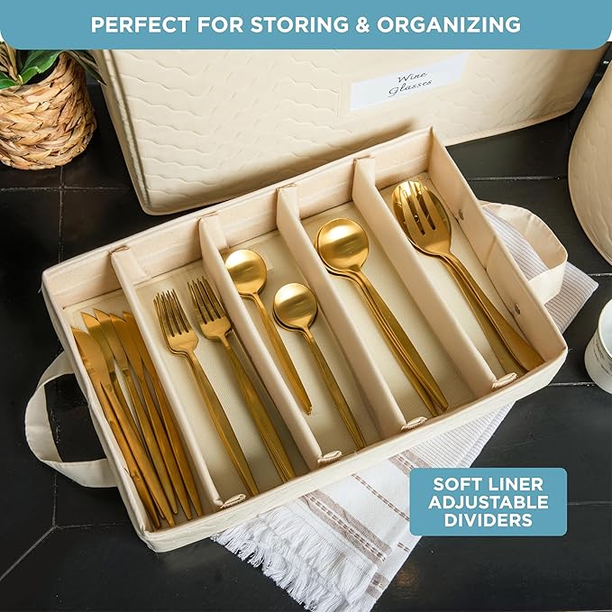 Hard Shell China Storage Containers 12-Piece Set Moving Boxes for Dinnerware, Glasses, Plates, Mugs and Saucers Sturdy Dish Organizer with Dividers for Seasonal Storage - Service for 12 -Beige Quilted