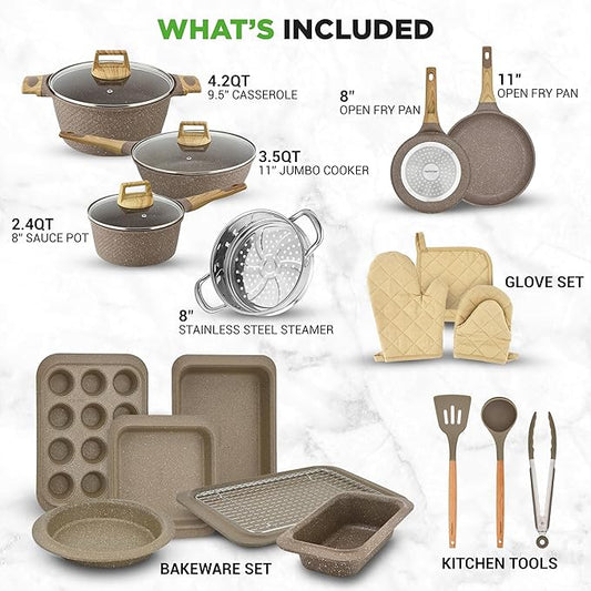 Nutrichef 22-Piece Black Marble Non-Stick Cookware and Bakeware Set - Professional Home Kitchen Collection with Multi-Sized Pots, Pans, and Heat-Resistant Tools
