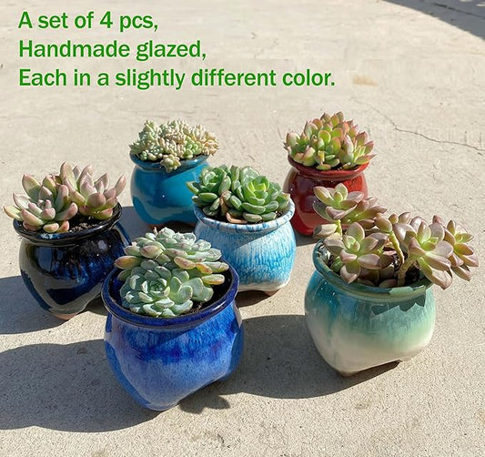 4PCS Small Ceramic Succulent Pots,Cute Glazed Handcraft Succulent Planters with Drainage Hole,3.8 inch Pots for Plants
