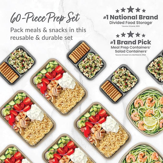 Bentgo Prep 60-Piece Variety Meal Prep Kit - Reusable PFAS & BPA-Free Food Containers 1-Compartment Trays, Prep Bowls, & Snack Boxes - Microwave, Freezer, & Dishwasher Safe (Rich Shades)