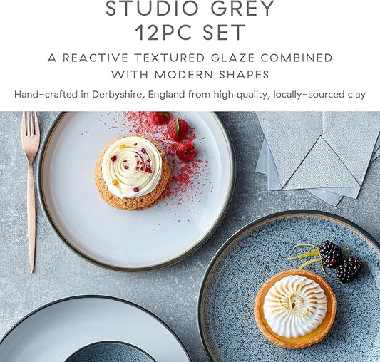 Denby - Studio Grey & White Dinner Set For 4-12 Piece Ceramic Stoneware Tableware Set - Dishwasher Microwave Oven Safe - Scratch Chip Resistant