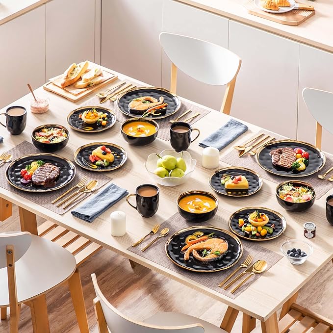 LOVECASA 16 Pieces Plates and Bowls Sets, Porcelain Black and Gold Dinnerware Sets, Round Dinner Plates Dishes Set Service for 4, Dishwasher Safe and Scratch Resistant, Black