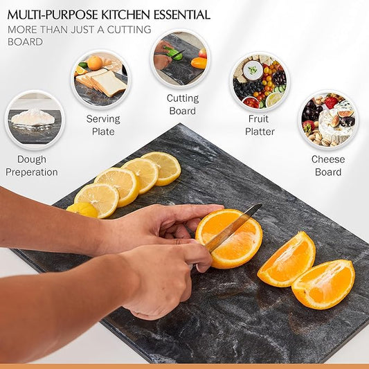 Kitchen Marble Stone Cutting Board - Marble Cutting & Charcuterie Board of 16 x 12 x 0.6 Inches, Non Slip Scratch Resistant Pastry Tray, Rectangular Serving & Chopping Slab for Countertop - Black