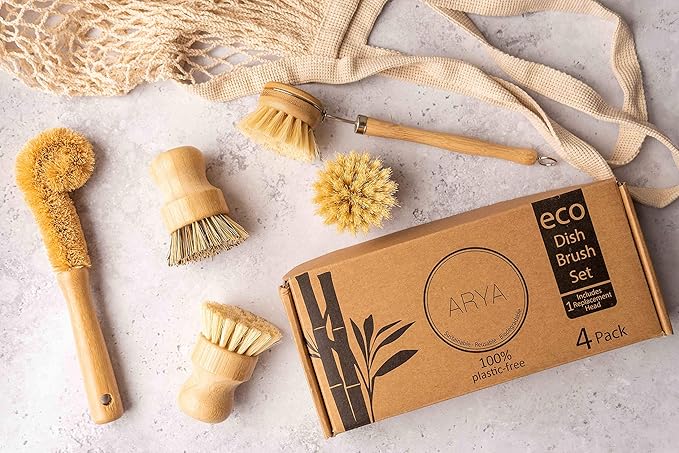 ARYA. Wooden Dish Brush Set | 4 Kitchen Washing Up Brushes & One Replacement Head | Bamboo & Natural Fibers | Eco Friendly Wooden Pot Brush Scourer Scrubber Sponge Alternative