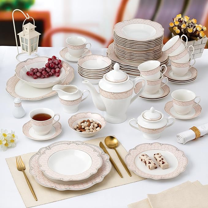 Joseph Sedgh Collection "Sandra" 57-Piece Bone China Dinnerware Set, Service for 8, Blush Pink and Gold