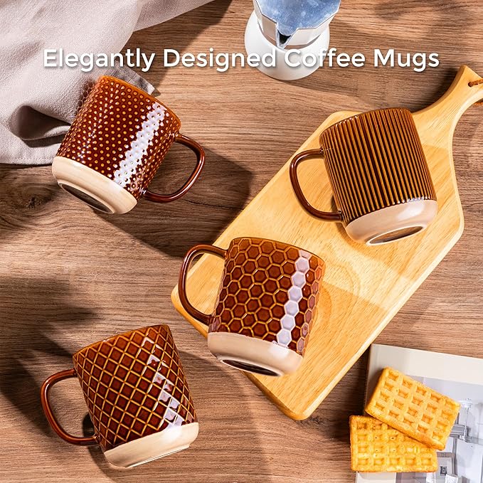 GBHOME Large Coffee Mugs Set of 4, 16oz Handmade Stoneware Coffee Mugs Set with Large Handle for Cappuccino/Latte/Tea/Hot Cocoa, Dishwasher & Microwave Safe, Caramel