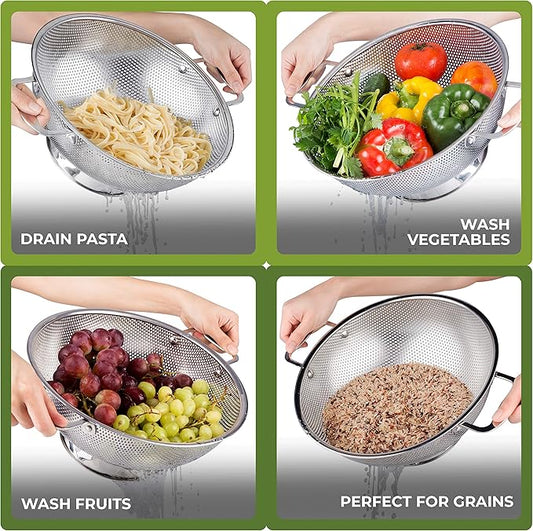 LiveFresh Stainless Steel Micro-Perforated 5-Quart Colander - Professional Strainer with Heavy Duty Handles and Self-draining Solid Ring Base - Dishwasher Safe