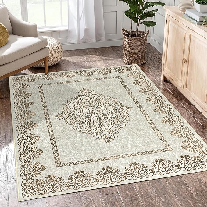 Easy-Going Area Rug 4x6 Washable Boho Neutral Rugs for Living Room Non-Slip Bedroom Rug Low Pile Lightweight Floral Brown Print Vintage Throw Rug for Dining Room Bathroom Kitchen Home Office Carpet