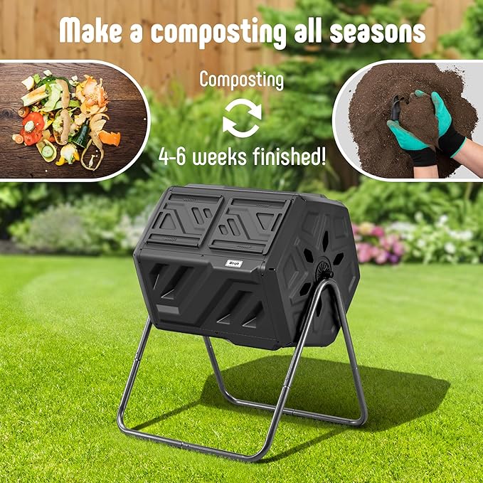 43 Gallon Compost Bin with Gloves, Fast Assembly & Easy Setup Outdoor Compost Tumbler, Updated Dual Chamber Tumbling Composter for for Garden, Kitchen, and Yard Waste, Black