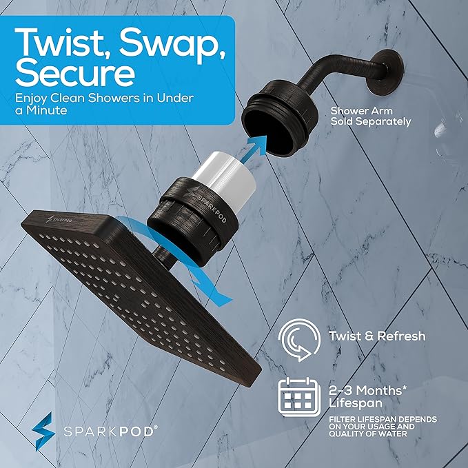SparkPod Luxury Filtered Shower Head Set 23 Stage Shower Filter - Reduces Chlorine and Heavy Metals - High Pressure Showerhead Filter (8" Square, Vintage Oil-Rubbed Bronze)