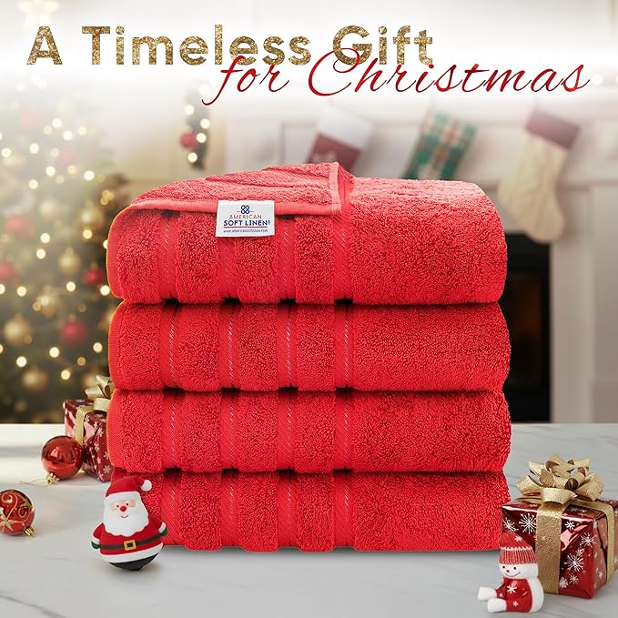 American Soft Linen Luxury 4 Piece Bath Towel Set, 600 GSM 100% Cotton Turkish Bath Towels for Bathroom, 27x54 in Large Bathroom Shower Towels, Red