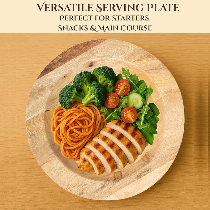 CLEENTABLE Wooden Serving Platter Set of 2-13" Handcrafted Serving Plates - Round Rustic Natural Tableware for Indoor/Outdoor Dining, Weddings, Holidays, Party, Sushi, Dinnerware (Natural)
