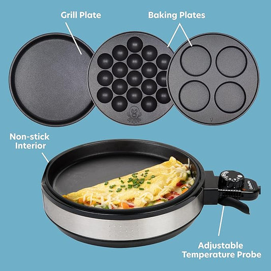 Multi Baker Deluxe- Holiday Baking Made Easy- Electric Appliance w Temp Control 3 Interchangeable Skillets for Grilling, Baking, Dessert Making- Grilled Cheese Omelets Pizza Sandwiches Cake Pops, Gift