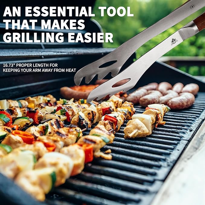 GRILLGEN Heavy Duty Rosewood Handle BBQ Grill Tongs, 16.73" Long Premium BBQ Grill Tongs for Outdoor Grilling, Essential Accessory for Barbecue & Grill, Best Grilling Gift