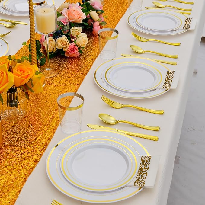 700 PCS Gold Plastic Dinnerware for 100 Guests, Gold and White Disposable Plates include 100 Dinner Plates,100 Dessert Plates,100 Silverware Set,100 Cups,100 Napkins