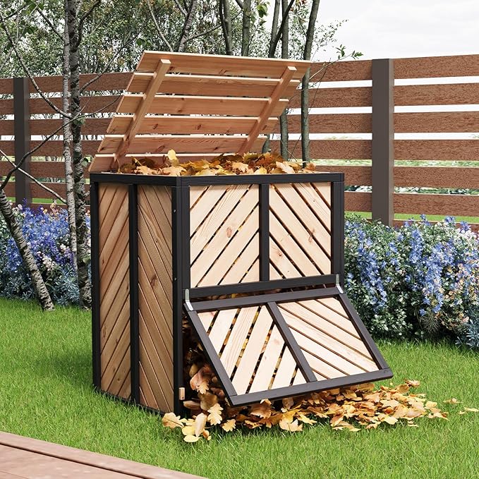 115 Gallon Solid Wood Composter, Outdoor Compost Bin with Pull-Out Door and Flip-Top Lid, Heavy Duty Composting Bin for Outside Backyard, Garden, Patio, Natural