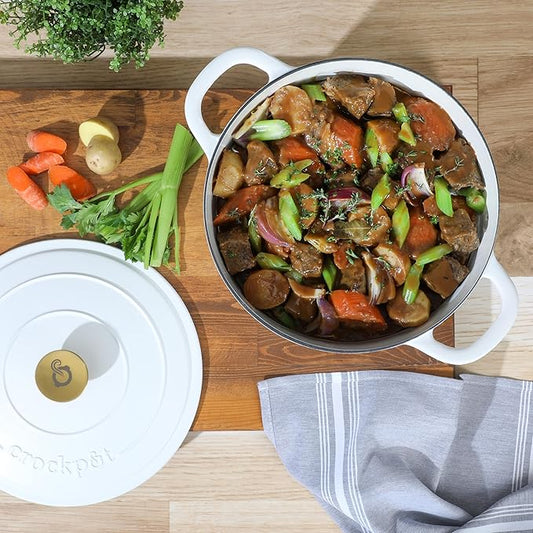 Crock-Pot Artisan 7-Quart Round Dutch Oven – Matte Linen White with Gold Knob, Enameled Cast Iron Cookware