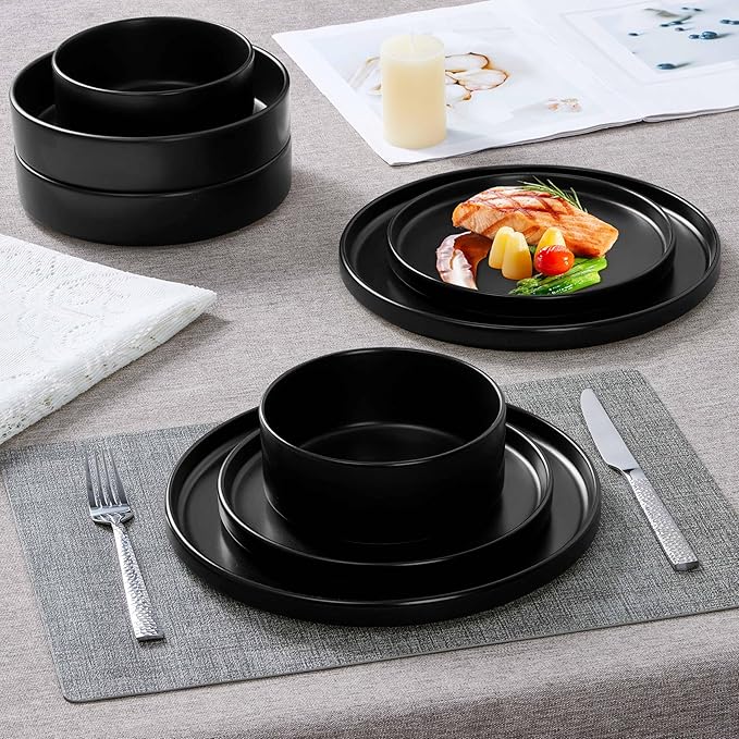 Herogo Dinnerware Sets with Pasta Bowls for 2, 8 Piece Dinner Salad Plates and Cereal Bowls, Stoneware Serving Dishes Dinner Ware for Home Kitchen, Dishwasher & Microwave Safe Dishware, Matte Black